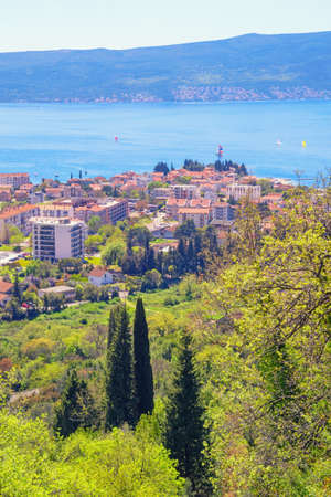 Sunny spring day. Beautiful  Mediterranean landscape.  Montenegro, Adriatic Sea. View of Bay of Kotor near Tivat city. Donja Lastva villageの写真素材