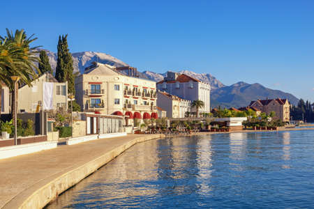 Winter mediterranean landscape. Montenegro, Tivat city.  View of Bay of Kotor and embankment of Tivat cityの写真素材