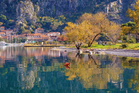Beautiful winter Mediterranean landscape.  Montenegro, view of Kotor Bay near Old Town of Kotor. Mountains and yellow trees are reflected in waterの写真素材