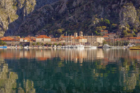 Montenegro, view of Kotor Bay and Old Town of Kotor on sunny winter dayの写真素材