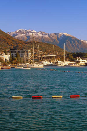 Beautiful Mediterranean landscape on sunny winter day. Montenegro. View of Bay of  Kotor near Tivat cityの写真素材