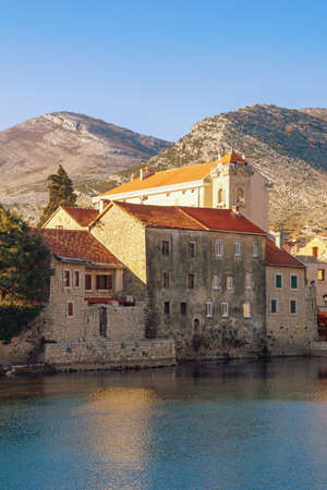 View of Old Town of Trebinje and Trebisnjica River on sunny winter day. Bosnia and Herzegovina, Republika Srpskaの写真素材