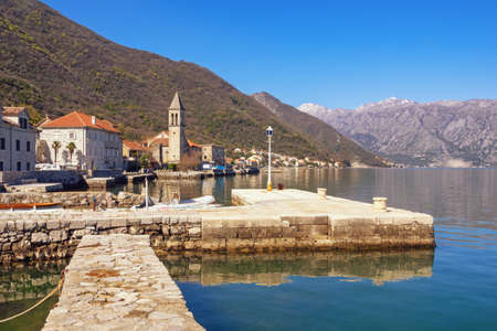 Beautiful Mediterranean landscape on sunny spring day. Montenegro, view of Bay of Kotor and Stoliv...