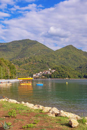 Beautiful autumn Mediterranean landscape. Montenegro, Adriatic Sea, view of Kotor Bay near Verige Straitの写真素材