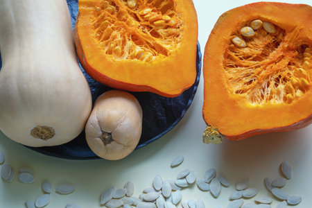 Colorful pumpkins and pumpkin seedsの写真素材