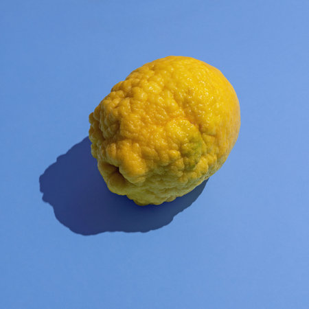 Yellow Citron (Citrus medica, cedrate ) fruit on blue background. Copy space