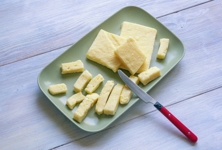 Balkan cuisine. Montenegro. Cheese from Pljevlja (Pljevaljski cheese) - local white cheese. Copy spaceの写真素材