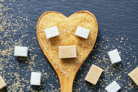 Brown cane sugar in heart-shaped spoon. Lump white and brown sugar. Copy spaceの写真素材