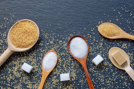 White sugar and brown cane sugar in wooden spoons on black background. Flat lay, copy spaceの写真素材