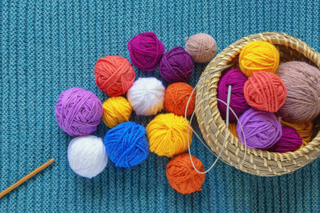 Hobbies and knitting concept.   Colorful balls of wool. Copy spaceの写真素材