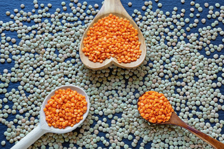 Red lentils in three different wooden spoons. Green lentils scattered on a dark tableの写真素材