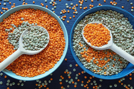 Red and green lentils in bowls with wooden spoonsの写真素材