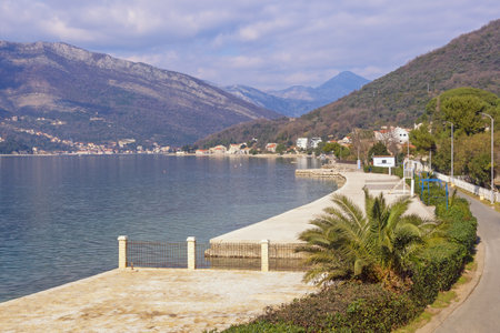 Winter Mediterranean landscape. Montenegro, Adriatic Sea. Bay of Kotor near Tivat cityの写真素材