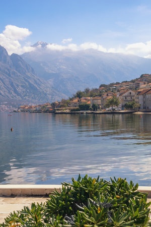 Beautiful Mediterranean landscape. Montenegro, Adriatic Sea. View of Kotor Bay on sunny spring day, Prcanj townの写真素材