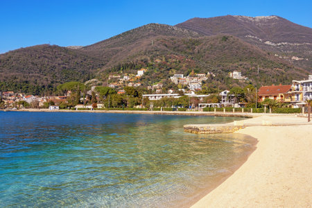 Beautiful Mediterranean landscape on sunny spring day. Montenegro, Adriatic Sea. View of coast Bay of Kotor near Tivat cityの写真素材