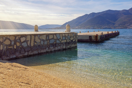 Pier for boats. Beautiful Mediterranean landscape. Montenegro, Adriatic Sea, coast of Bay of Kotorの写真素材