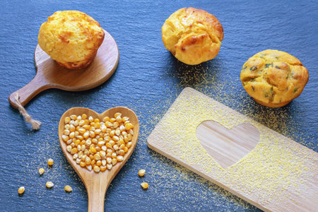 Balkan cuisine, proja -  cornbread, prepared as muffins. Corn kernels in heart shaped spoon. Cornmeal on cutting boardの写真素材
