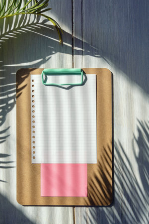 Clipboard with blank sheet of paper on old rustic table.. Palm leaf shadowsの写真素材
