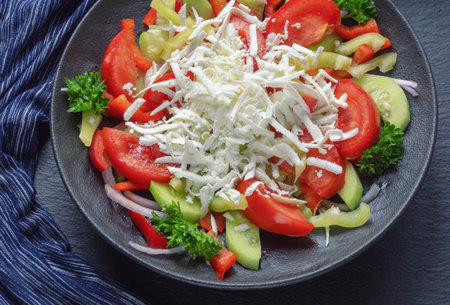 Balkan cuisine. Shopska Salad, traditional dish of the Balkan. It is made from vegetables and cheeseの写真素材
