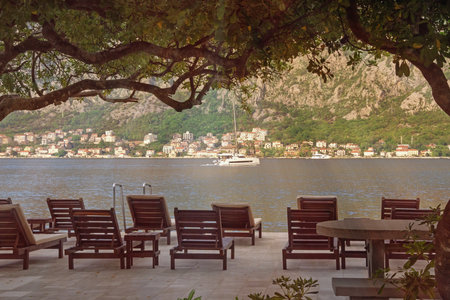 Beautiful Mediterranean landscape. Montenegro, Adriatic Sea. View of coastline of Kotor Bay, Prcanj townの写真素材