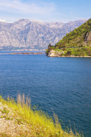Beautiful sunny Mediterranean landscape. View of Bay of Kotor near Verige Strait. Montenegro, Adriatic Sea.の写真素材