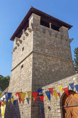 Medieval architecture.  Montenegro, Tivat city. Tower of medieval summer house of the Buca familyの写真素材