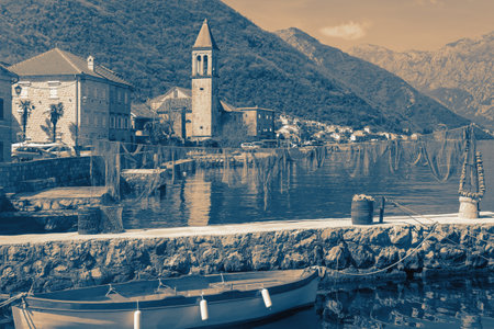 Mediterranean village landscape. Montenegro. View of Kotor Bay and Stoliv village. Toned imageの写真素材