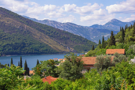 Beautiful Mediterranean landscape on sunny summer day. Montenegro, Adriatic Sea. View of Bay of Kotor and Lepetane villageの写真素材