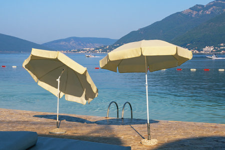 Summer beach vacation. Beautiful sunny Mediterranean landscape. Montenegro, Bay of Kotor, Tivatの写真素材