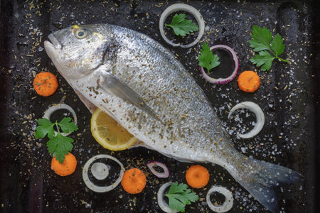 Mediterranean seafood. Fresh raw fish of gilt-head sea bream ( dorada ) on black baking sheet