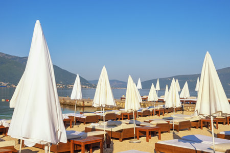 Summer beach vacation. Beautiful sunny Mediterranean landscape. Montenegro, Adriatic Sea, Bay of Kotorの写真素材