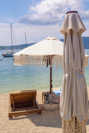 Summer beach vacation. Beautiful sunny Mediterranean landscape. Montenegro, Bay of Kotorの写真素材