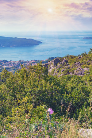 Beautiful summer landscape. Montenegro, Dinaris Alps. View of Adriatic Sea and  Bay of Kotor at sunsetの写真素材