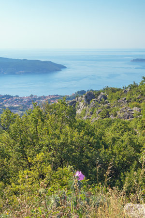 Beautiful summer mountain landscape. Montenegro. View of Adriatic Sea and  Bay of Kotor near Herceg Novi cityの写真素材