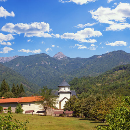 Beautiful mountain landscape on sunny autumn day. Montenegro.  Ancient Moraca Monasteryの写真素材