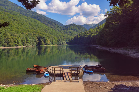 Beautiful mountain lake. View of National Park Biogradska Gora, Montenegroの写真素材