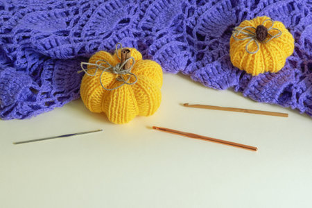 Knitting and hobby concepts. Knitted pumpkins, warm scarf of wool and crochet hooks. Copy spaceの写真素材