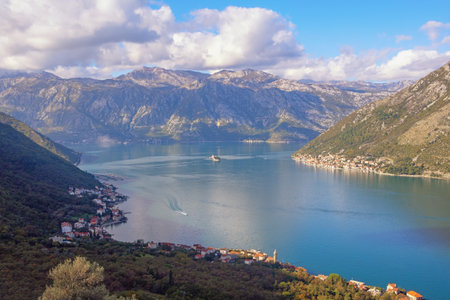 Beautiful autumn Mediterranean landscape. Montenegro. View of coastline of Kotor Bay, Stoliv town and Perast townの写真素材