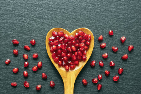 Pomegranate seeds in heart-shaped wooden spoon and on black table. Flat lay, copy spaceの写真素材