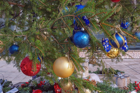 Bright Christmas balls on decorated Christmas tree in town. Montenegro, Tivatの写真素材