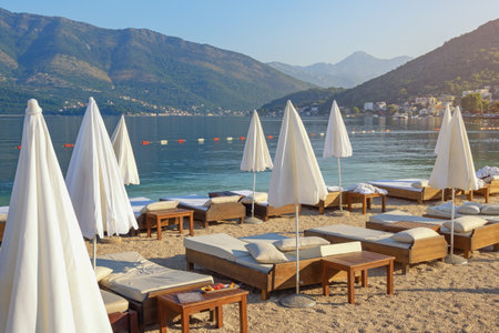 Summer beach vacation. Beautiful morning Mediterranean landscape. Montenegro, Adriatic Sea, Bay of Kotorの写真素材