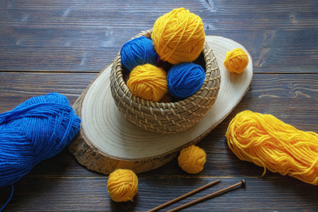 Hobby and knitting concept. Blue and yellow balls of wool and knitting needles on dark rustic tableの写真素材