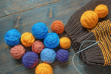 Hobby and knitting concept. Colorful balls of wool, knitted sweater and knitting needles on dark rustic table. Flat lay, copy spaceの写真素材