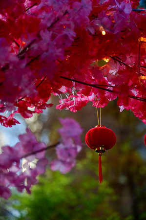 Close-up of the Chinese traditional red lantern decor with artificial peach blossom flower in outdoors. Festive decoration and celebration. Chinese New Year decoration.の写真素材