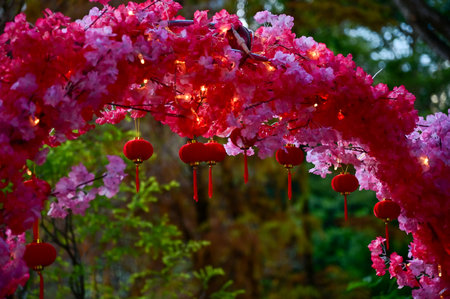 Close-up of the Chinese traditional red lantern decor with artificial peach blossom flower in outdoors. Festive decoration and celebration. Chinese New Year decoration.の写真素材