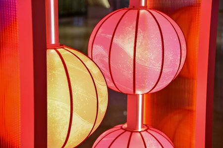 Close-up of the traditional Chinese lantern. Red lantern. Colorful lanterns. Festive decoration....