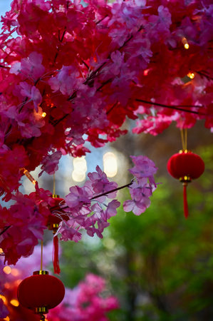 Close-up of the Chinese traditional red lantern decor with artificial peach blossom flower in outdoors. Festive decoration and celebration. Chinese New Year decoration.の写真素材