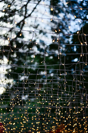 Close-up of the outdoor starry solar string lights. Festive decoration. For background use.の写真素材