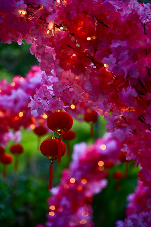 Close-up of the Chinese traditional red lantern decor with artificial peach blossom flower in outdoors. Festive decoration and celebration. Chinese New Year decoration.の写真素材