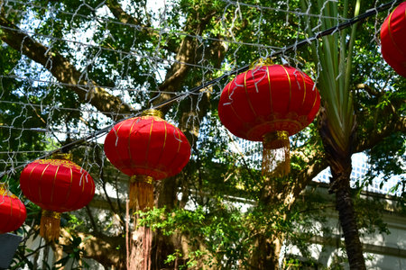 Close-up of the traditional Chinese red lantern with outdoor starry solar string lights. Big red lantern. Festive decoration. Mid-autumn festival, Chinese New Year decoration for cの写真素材